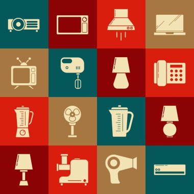Klima, masa lambası, telefon, mutfak vantilatörü, elektrikli mikser, televizyon ve ikon. Vektör
