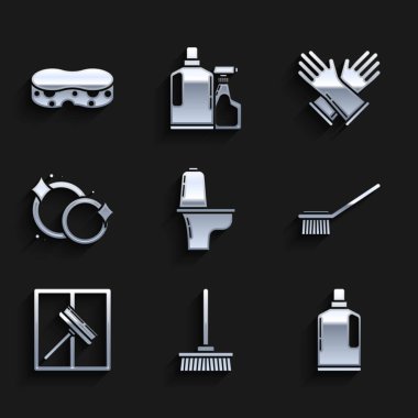 Klozet, paspas, plastik şişeler sıvı bulaşık deterjanı, fırça, silecek, silecek, bulaşık makinesi, lastik eldiven ve sünger ikonu. Vektör