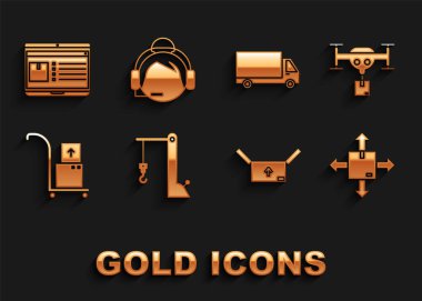 Liman vinci, paketli teslimat aracı, karton kutu trafik sembolü, el arabası ve kutular, kargo aracı, laptop uygulama dağıtım takibi ve destek operatörü dokunmatik simgesi ayarla. Vektör