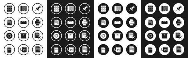Set Push pin, Scotch, File document, Cassetto con documenti, Stampante, Telefono, Elimina file e icona. Vettore — Vettoriale Stock
