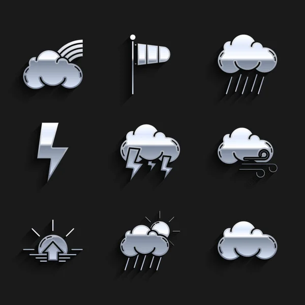 Set Storm, Nuvola con pioggia e sole, tempo ventoso, alba, fulmine, e l'icona nuvole arcobaleno. Vettore — Vettoriale Stock