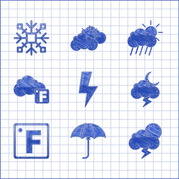 Set Fulmine, Classic elegante ombrello aperto, Tempesta, Fahrenheit, e nuvola, Nuvola con sole piovoso e icona fiocco di neve. Vettore — Vettoriale Stock