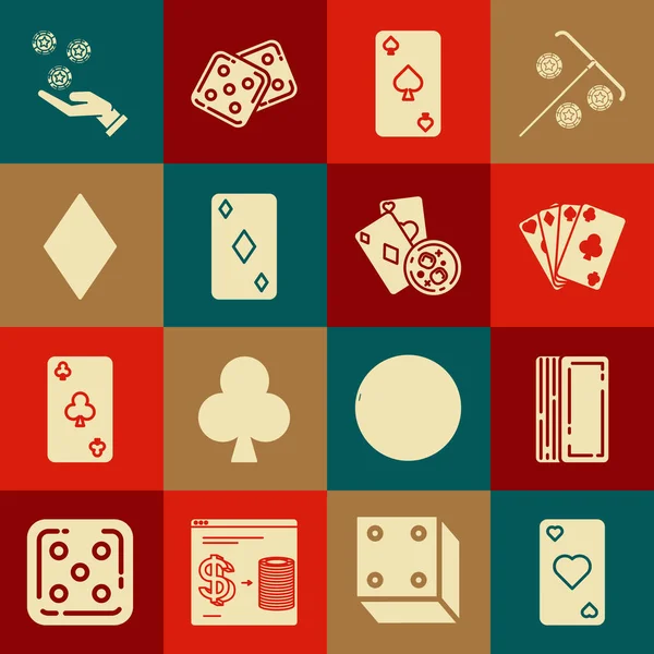Встановіть гральну картку з символом серця, колодою гральних карт, піків, діамантів, Рука тримає фішки казино та піктограму скляних кубиків віскі. Векторні — стоковий вектор