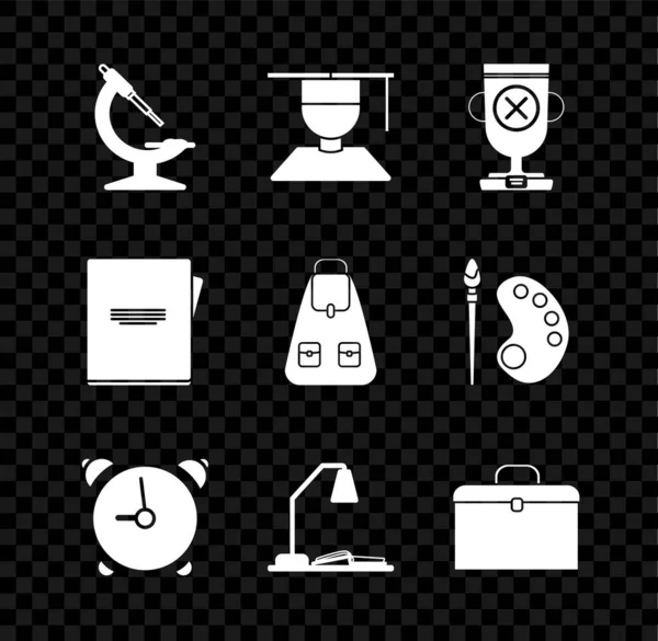 Σετ Μικροσκόπιο, Graduate and graduation cap, Award cup, Alarm clock, Workplace with table lamp open book, Χαρτοφύλακα, Notebook and School backpack icon. Διάνυσμα — Διανυσματικό Αρχείο