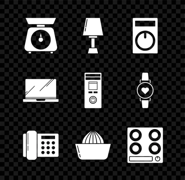 Set Schalen, Tafellamp, Afstandsbediening, Telefoon, Citrusvruchtensapcentrifuge, Gasfornuis, Laptop en icoon. Vector — Stockvector