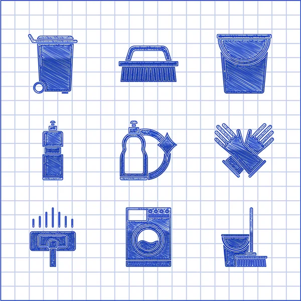 Set Plastové láhve na tekuté mytí nádobí kapaliny, podložka, mop a kbelík, gumové rukavice, vysavač, kýbl a popelnice ikony. Vektor — Stockový vektor