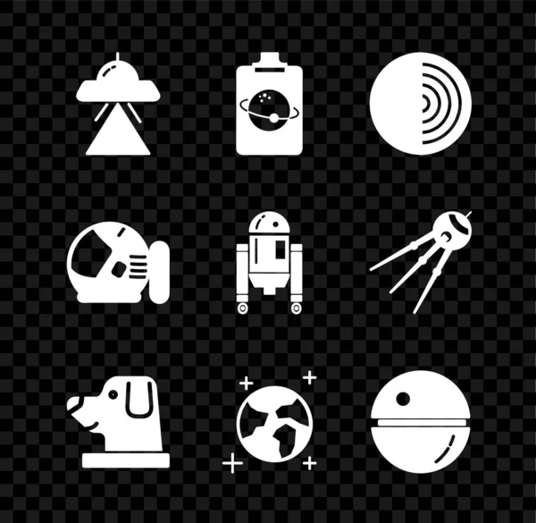 Set UFO fliegenden Raumschiff, Planet, Erde Struktur, Hund Astronautenhelm, Globus, Todesstern, Astronaut und Roboter-Symbol. Vektor — Stockvektor