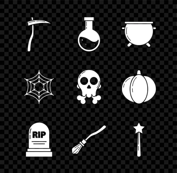 Set Sense, Flasche mit Trank, Hexenkessel zu Halloween, Grabstein-RIP, Hexenbesen, Zauberstab, Spinnennetz und Totenkopf-Kreuzknochen-Symbol. Vektor — Stockvektor