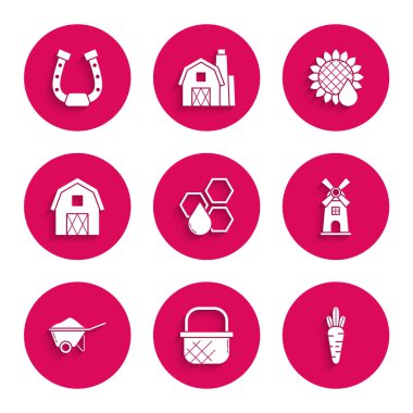 Bal peteği, alışveriş sepeti, havuç, yel değirmeni, çamurlu el arabası, çiftlik evi konsepti, ayçiçeği ve at nalı ikonu. Vektör