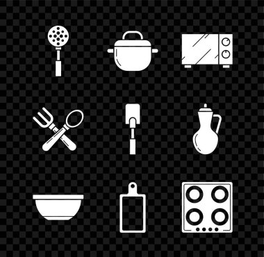 Spatula, pişirme kabı, mikrodalga fırın, kase, kesme tahtası, gaz sobası, çapraz çatal, kaşık ve ikon. Vektör