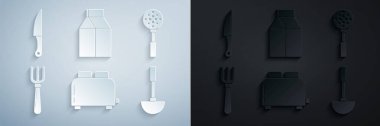 Kızarmış ekmek kızartma makinesi, Spatula, Çatal, Mutfak kepçesi süt ve bıçak ikonu için kağıt paketi. Vektör