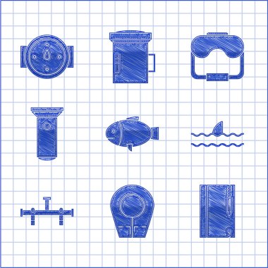 Fish, Dalış Kaputu, Sualtı Not Defteri ve Kalemi, Köpekbalığı Yüzgeci Okyanus Dalgası, Manifold, El feneri, Maske ve Rüzgar Gülü ikonu. Vektör