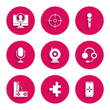 Web kamerası, yapboz parçası, akıllı telefon ve oyunda oynama, kulaklıklar, joystick, mikrofon, oyun konsolu atari makinesi için joystick ve hesap ekranı simgesi oluştur. Vektör
