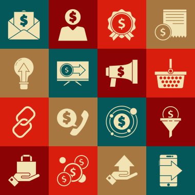 Akıllı telefon, cep telefonu, lider yönetim, alışveriş sepeti, dolar etiketli fiyat etiketi, monitör, ampul, zarf para ve megafon ve ikon. Vektör