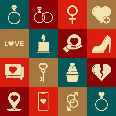 Set alyansları, kırık kalp ya da boşanma yüksek topuklu kadın ayakkabısı, kadın cinsiyet sembolü, yanan mum, aşk mesajı ve el ikonu. Vektör