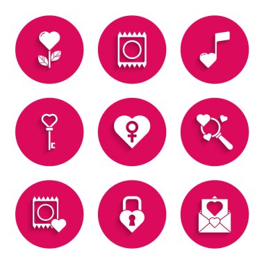 Kadın cinsiyeti olan bir kalp, kalp şeklinde bir Castle, Sevgililer Günü, Arama ve Sevgi, prezervatif paketi, anahtar, müzik notu, nota ve çiçek ikonu. Vektör