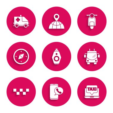 Araba anahtarını uzaktan kumandalı ayarla, Taksi, Laptop taksi, Trolleybus, araba çatısı, pusula, Scooter ve ambulans ve acil durum ikonu. Vektör