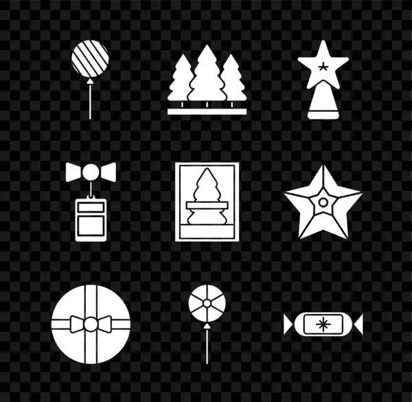 Set lízátko, vánoční stromky, hvězda, dárková krabička, bonbóny, cenovka s nápisem Prodej a ikona pohlednice. Vektor — Stockový vektor