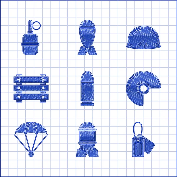 Set Kugel, Fliegerbombe, Militärhundeanhänger, Helm, Fallschirm, Munitionskasten und Handgranaten-Symbol. Vektor — Stockvektor