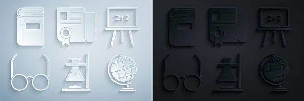Glas-Reagenzglas in Brand setzen, Kreide, Brille, Erdkugel, Zertifikatsvorlage und Buchsymbol. Vektor — Stockvektor