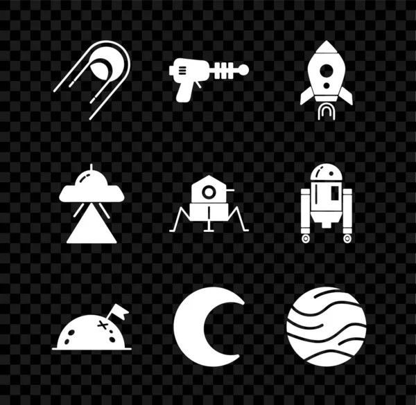 Set Satellite, Ray gun, Rocket ship with fire, Planet flag, Moon and stars, UFO flying spaceship and Mars rover icon. Vettore — Vettoriale Stock