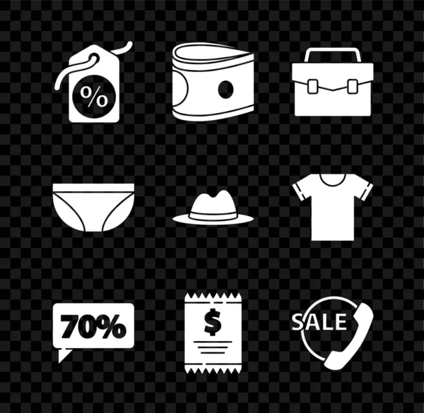 Set Discount percent tag, Stacks paper money cash, Briefcase, Seventy discount, Paper check and financial check, Telephone 24 hours support, Underwear and Man hat with ribbon icon. Vector — Stock Vector