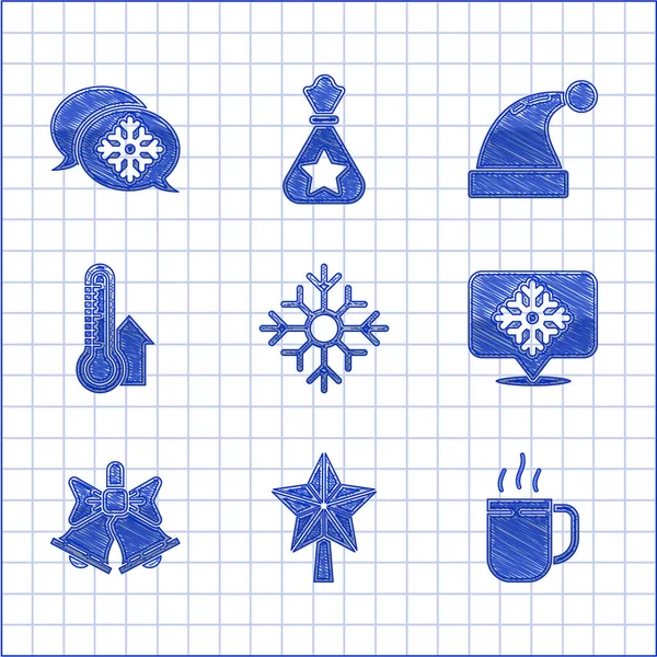 Set Flocon de neige, étoile de Noël, tasse à café, avec bulle vocale, sonnerie joyeuse, mesure du thermomètre météorologique, chapeau et icône du Père Noël. Vecteur — Image vectorielle