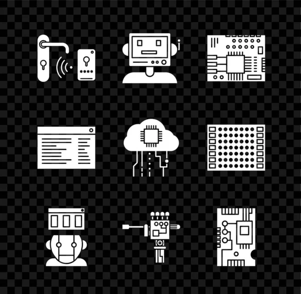 Digitaal deurslot met draadloze technologie voor het ontgrendelen, Elektronische computer componenten moederbord digitale chip, Software, web developer programmeercode en Internet dingen icoon. Vector — Stockvector