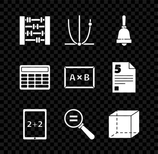 Abacus, ग्राफ, वेळापत्रक, चार्ट, आकृती, रिंगिंग बेल, कॅल्क्युलेटरसह टॅब्लेट, गणना, भूमितीय आकृती घन, कॅल्क्युलेटर आणि चॉकबोर्ड चिन्ह सेट करा. व्हेक्टर — स्टॉक व्हेक्टर