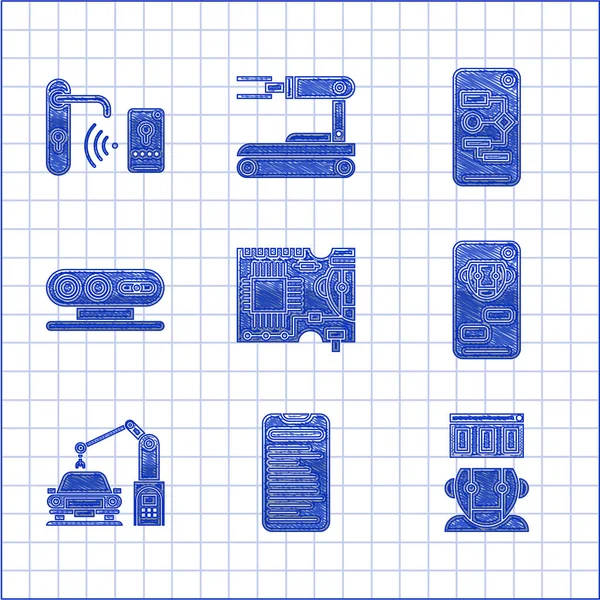 Zestaw Płytka drukowana PCB, Robot, Bot, Maszyna przemysłowa robotyczne ramię robota, system skanowania 3D, Algorytm i cyfrowa blokada drzwi z bezprzewodową technologią odblokowania ikony. Wektor — Wektor stockowy