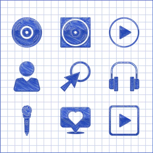 Set Arrow cursor, Like and heart, Play in square, Headphones, Microphone, Add to friend, circle and Vinyl disk icon. Vector — Stock Vector