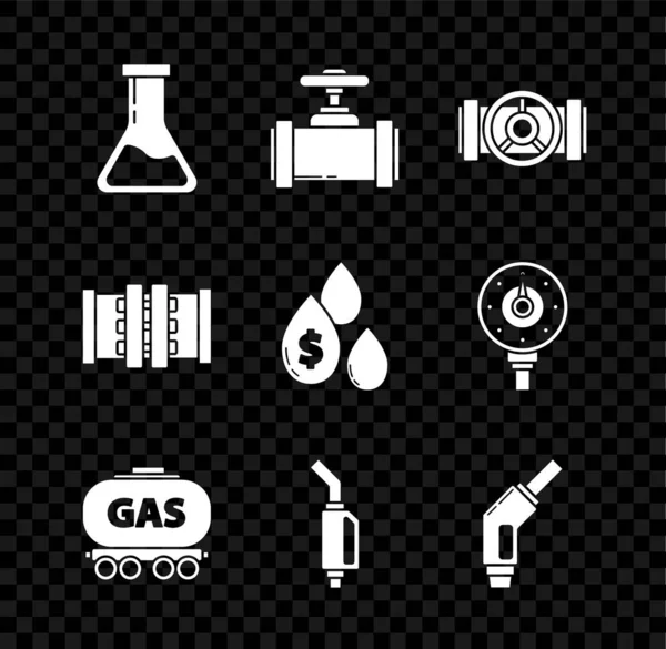 Set Reagenzglas und Kolben, Industrie-Metallrohre Ventil, Gas-Eisenbahn-Zisterne, Benzinpumpe Düse und Öltropfen mit Dollar-Symbol. Vektor — Stockvektor