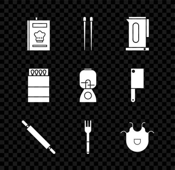 Set kookboek, eetstokjes, Waterkoker met handvat, Rolling pin, Vork, Keukenschort, Open luciferdoosjes lucifers en Blender icoon. Vector — Stockvector