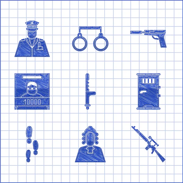 Set Police rubber baton, Judge, Sniper rifle with scope, Prison cell door, Footsteps, Wanted poster, Pistol gun silencer and officer icon. Vector — Stock Vector