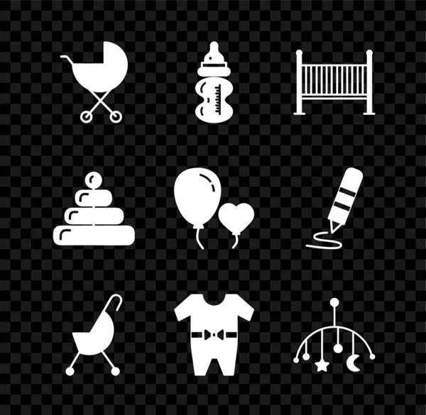 Σετ καροτσάκι μωρού, μπουκάλι, κούνια κρεβάτι, ρούχα, κρεμαστά παιχνίδια, πυραμίδα και μπαλόνια μορφή εικονίδιο της καρδιάς. Διάνυσμα — Διανυσματικό Αρχείο