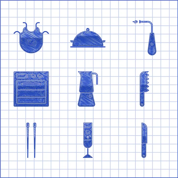 Set Moka olla, licuadora, cuchillo, cuchillo de pan, palillos de comida, horno, encendedor eléctrico largo y el icono delantal de cocina. Vector — Vector de stock