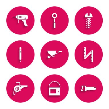 El arabası, boya kovası, el testeresi, katlama cetvel, yapraklı bahçe üfleyicisi silgiyle kalem, metal vida ve elektrikli matkap ikonu. Vektör