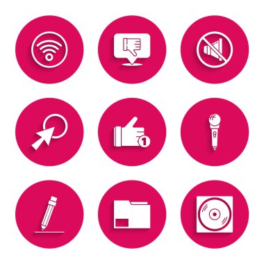 El gibi ayarla, Belge klasörü, Vinil disk, Mikrofon, Silgiyle Kalem, Ok imleci, Hoparlör dilsiz ve Wi-Fi kablosuz internet ağ simgesi. Vektör