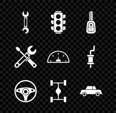 Wrench 'i, trafik ışığını uzaktan kumandalı araba anahtarını, direksiyonu, Chassis arabasını, tornavidayı, anahtar aletlerini ve hız göstergesini ayarlayın. Vektör