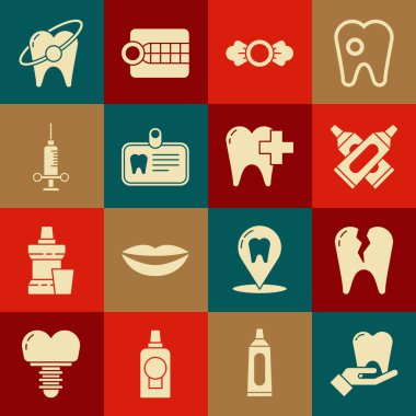 Seth Tooth, kırık diş, çapraz diş macunu tüpü, Candy, kimlik kartı, diş sağlığı şırıngası, beyazlatma konsepti ve diş bakımı ikonu için klinik. Vektör