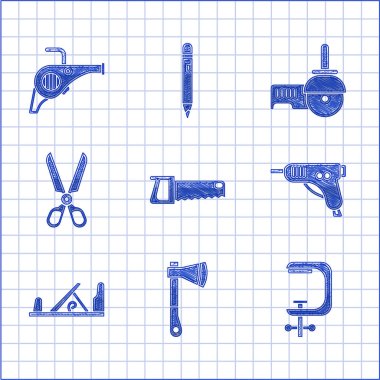 El testeresi, tahta balta, klemp vida aleti, elektrikli tutkal tabancası, uçak, makas, angle öğütücü ve Yaprak üfleyici ikonu. Vektör