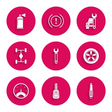 Wrench, uzaktan kumandalı araba anahtarı, buji, tekerlek, hız göstergesi, Chassis arabası, servis ve boya spreyi ikonu. Vektör