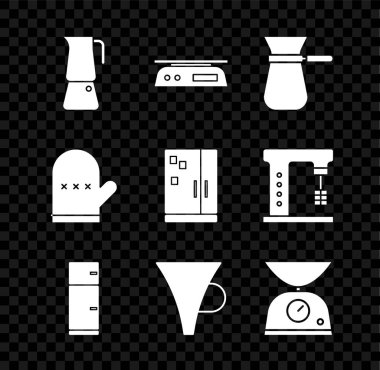 Moka demliği, elektronik teraziler, kahve hindisi, buzdolabı, huni filtresi, pullar, fırın eldiveni ve ikon. Vektör