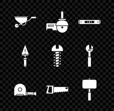 El arabası, Açı öğütücü, inşaat balonu, rulet, el testeresi, Balyoz, Trowel ve Metalik vida ikonu. Vektör