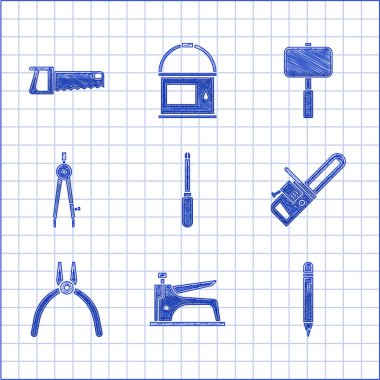Tornavida, inşaat zımbası silgi, testere, kerpeten, pusula, çekiç ve el ikonu. Vektör