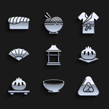 Japon Kapısı, bir kase sıcak çorba, suşi, hamur köftesi, kağıt çin yemeği ya da Japon fanı, Japon kostümlü kimono ve ikon. Vektör