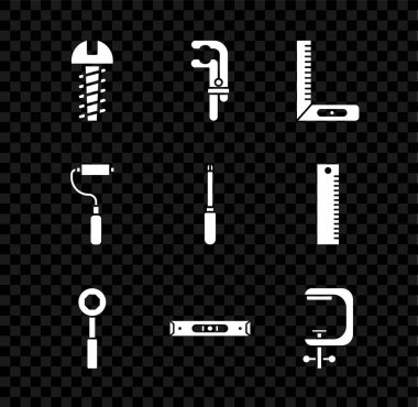 Metalik vida, klemp aleti, köşe cetvel, anahtarlık, inşaat baloncuk seviyesi ve boya fırçası ve tornavida simgesi ayarla. Vektör