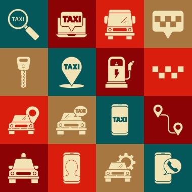 Taksi çağırma servisini, güzergahı, araba çatısını, arabayı, harita işaretçisini, taksi, anahtar, büyüteç ve elektrik şarj istasyonu simgesini ayarla. Vektör