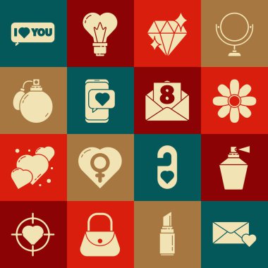 Zarfı 8 Mart, Parfüm, Çiçek, Elmas, Çevrimiçi Buluşma Uygulaması ve Sohbeti, Konuşma Baloncuğu Seni Seviyorum ve Simgesi ile Ayarla. Vektör