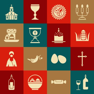 Cam, Hristiyan haçı, Paskalya yumurtası, hasır yuva, kadeh, pasta ve yumurta, kilise binası ve mum ikonu. Vektör